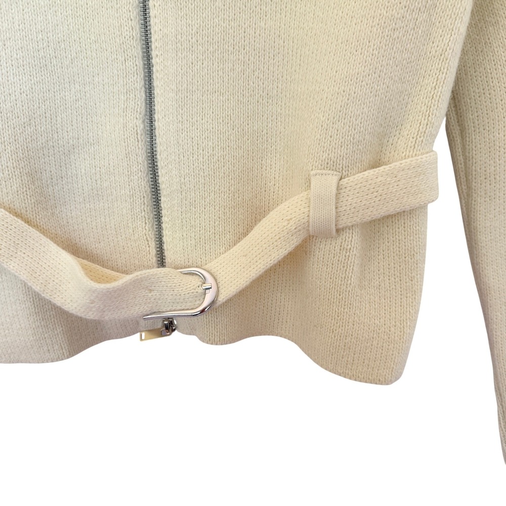 Mango MNG Cream Zip Up Belted Cardigan Sweater Collared Ribbed Knit Womens Small - Picture 7 of 8